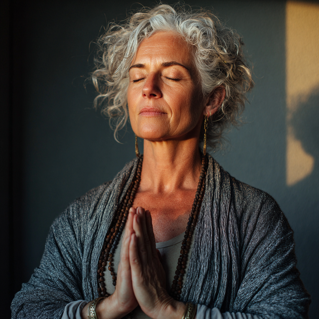 Mature woman in peaceful meditation pose during morning yoga practice