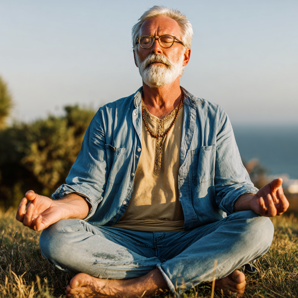 Senior man practicing yoga in serene outdoor setting